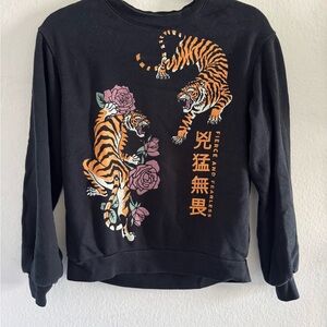Black Sweatshirt with Tiger and Rose Design